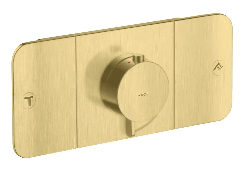 Thermostatmodul von AXOR in gebürstetem Messing für die Unterputzinstallation, mit einem zentralen Einstellrad und Symbolen für zwei Verbraucher.